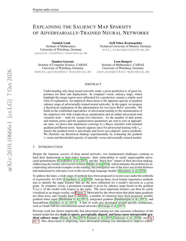 First page of Explaining the Saliency Map Sparsity of Adversarially-Trained Neural Networks