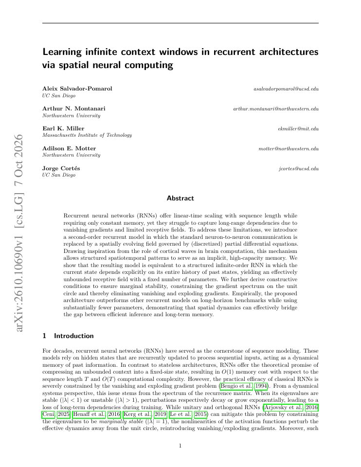 First page of Learning infinite context windows in recurrent architectures via spatial neural computing