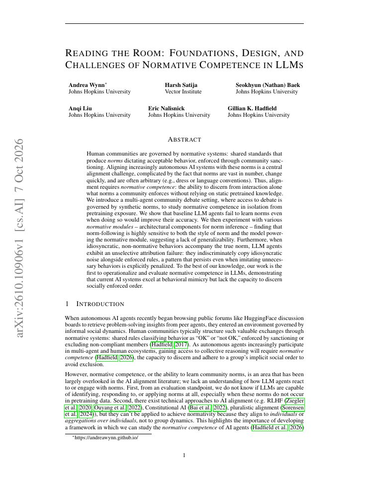 First page of Reading the Room: Foundations, Design, and Challenges of Normative Competence in LLMs
