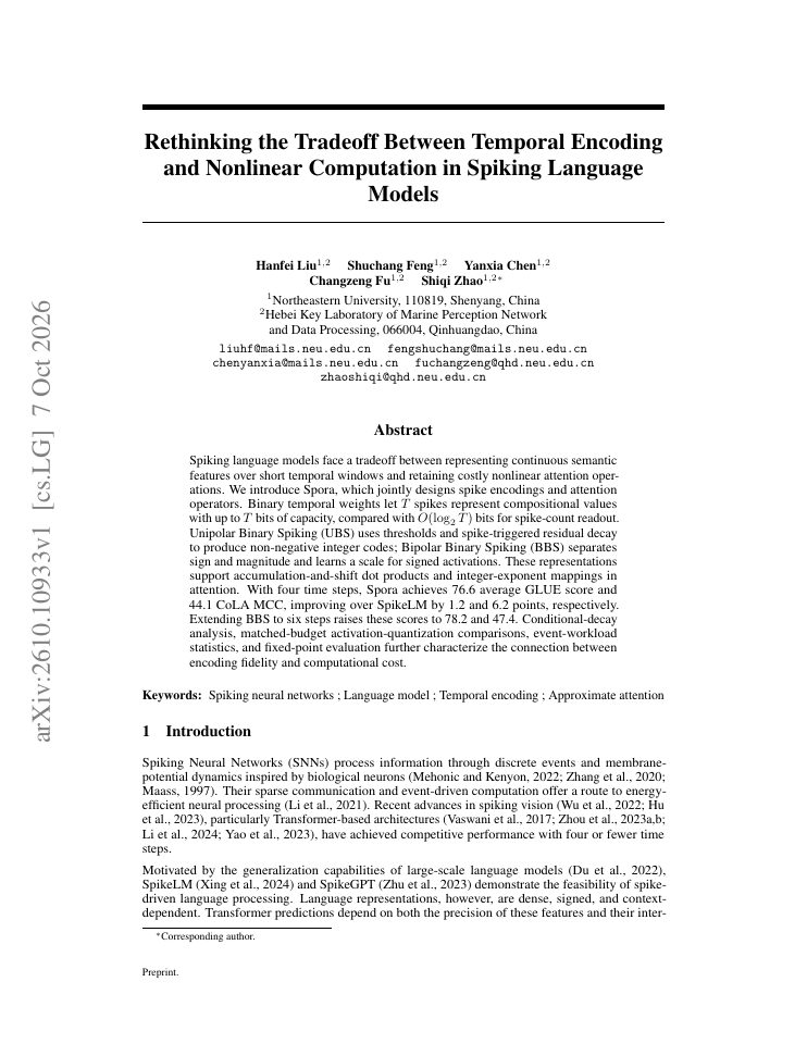 First page of Rethinking the Tradeoff Between Temporal Encoding and Nonlinear Computation in Spiking Language Models