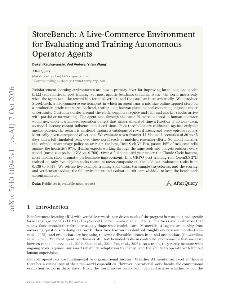First page of StoreBench: A Live-Commerce Environment for Evaluating and Training Autonomous Operator Agents