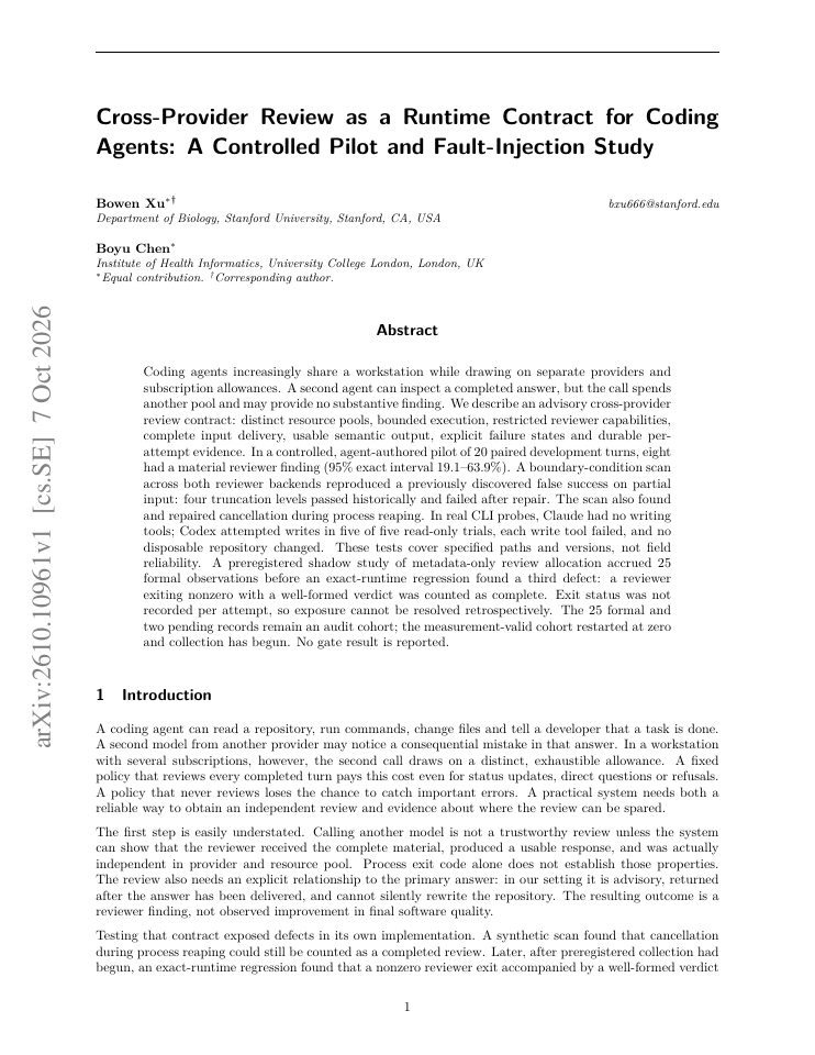First page of Cross-Provider Review as a Runtime Contract for Coding Agents: A Controlled Pilot and Fault-Injection Study