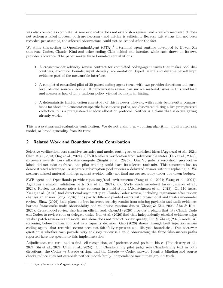 Page 2 of Cross-Provider Review as a Runtime Contract for Coding Agents: A Controlled Pilot and Fault-Injection Study
