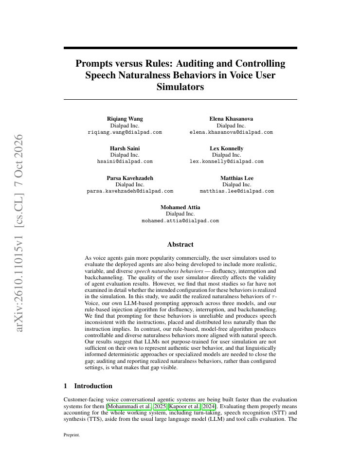 First page of Prompts versus Rules: Auditing and Controlling Speech Naturalness Behaviors in Voice User Simulators