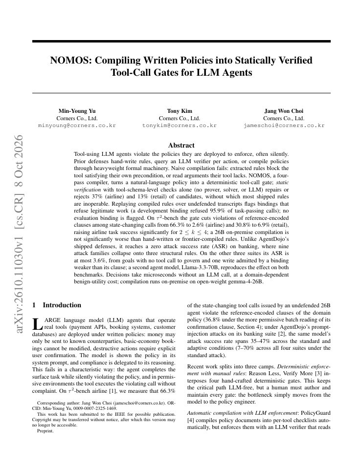 First page of NOMOS: Compiling Written Policies into Statically Verified Tool-Call Gates for LLM Agents