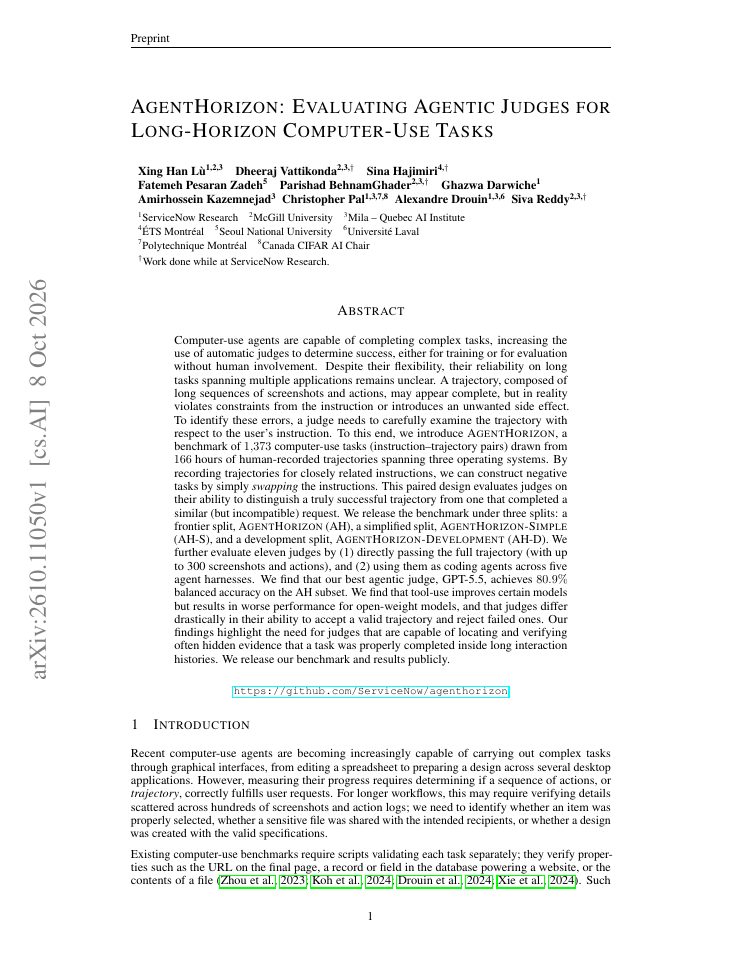 First page of AgentHorizon: Evaluating Agentic Judges for Long-Horizon Computer-Use Tasks