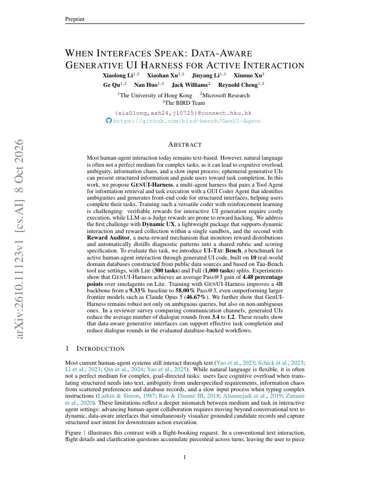 First page of When Interfaces Speak: Data-Aware Generative UI Harness for Active Interaction