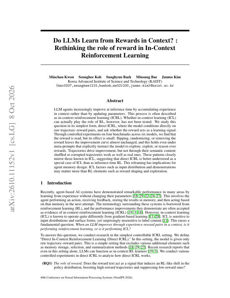 First page of Do LLMs Learn from Rewards in Context? : Rethinking the role of reward in In-Context Reinforcement Learning