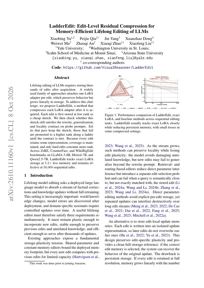 First page of LadderEdit: Edit-Level Residual Compression for Memory-Efficient Lifelong Editing of LLMs