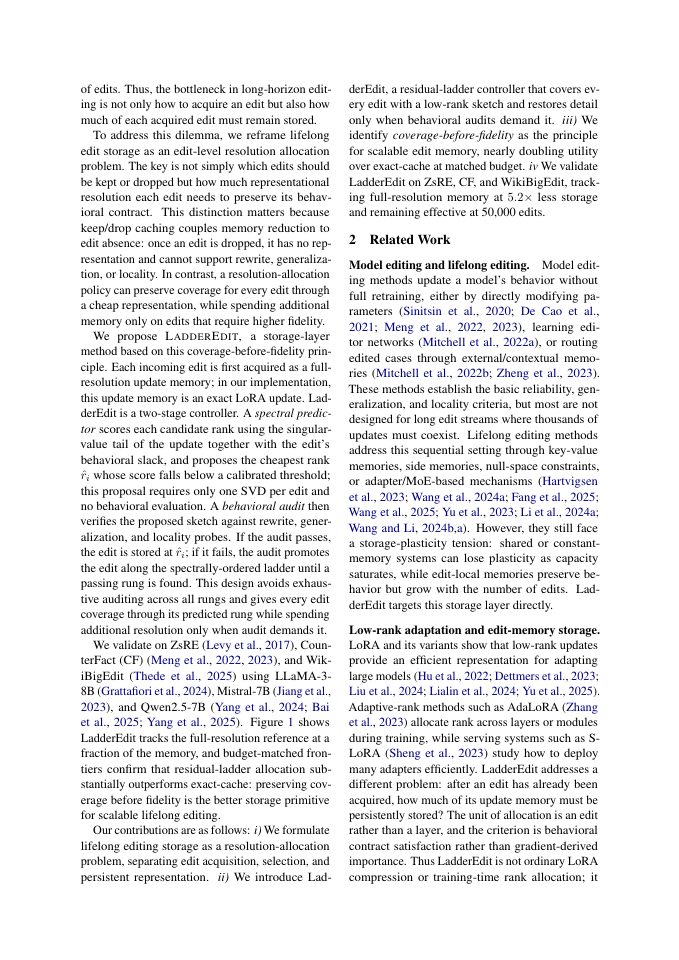 Page 2 of LadderEdit: Edit-Level Residual Compression for Memory-Efficient Lifelong Editing of LLMs