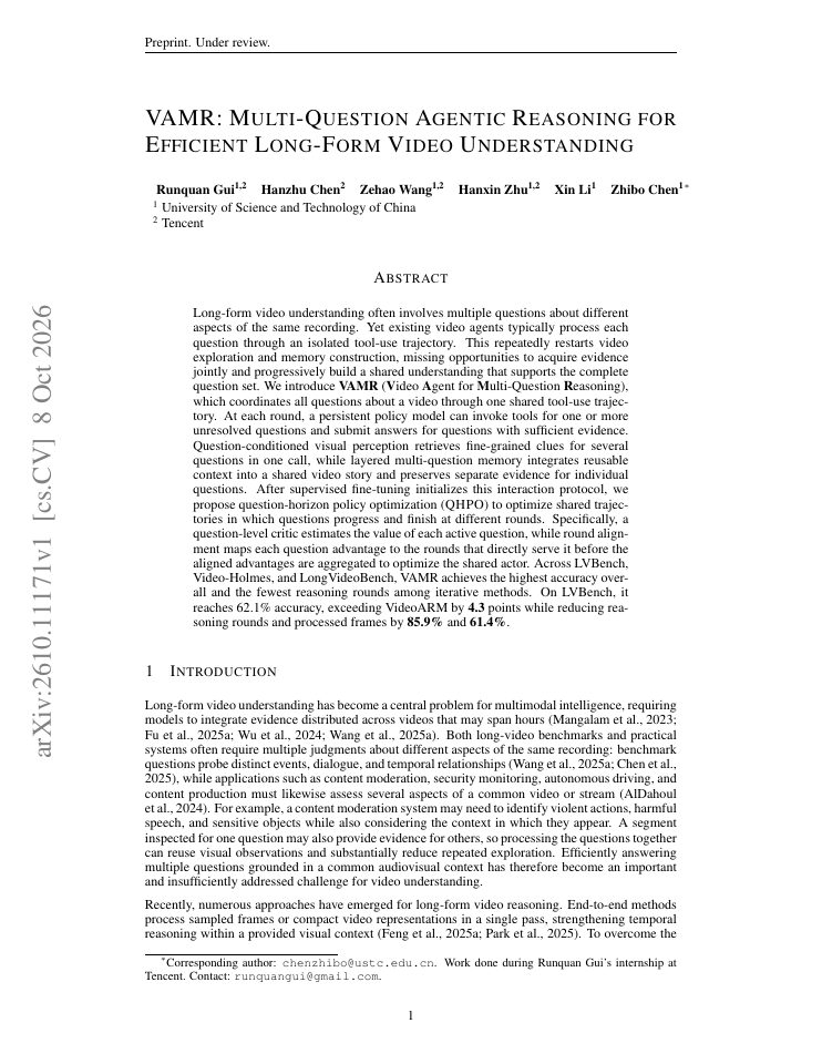 First page of VAMR: Multi-Question Agentic Reasoning for Efficient Long-Form Video Understanding