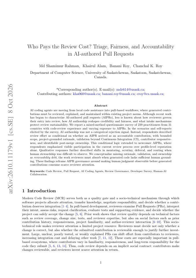 First page of Who Pays the Review Cost? Triage, Fairness, and Accountability in AI-authored Pull Requests