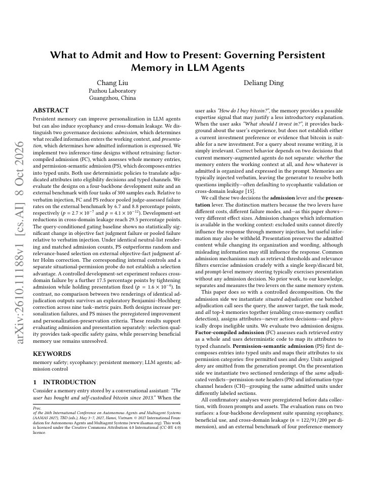 First page of What to Admit and How to Present: Governing Persistent Memory in LLM Agents