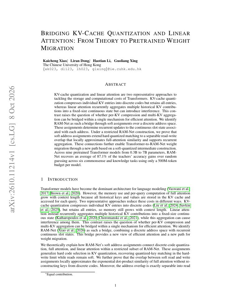 First page of Bridging KV-Cache Quantization and Linear Attention: From Theory to Pretrained Weight Migration