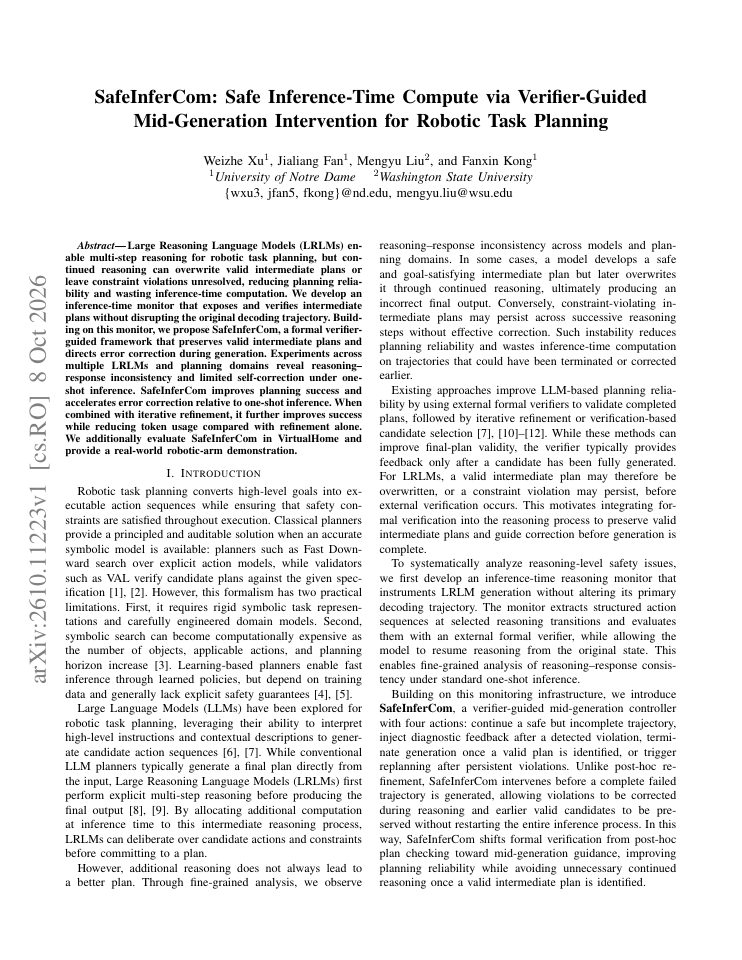 First page of SafeInferCom: Safe Inference-Time Compute via Verifier-Guided Mid-Generation Intervention for Robotic Task Planning