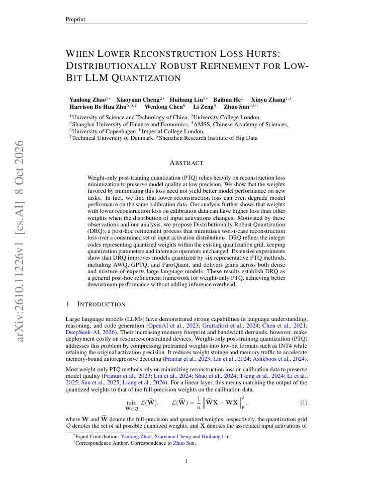 First page of When Lower Reconstruction Loss Hurts: Distributionally Robust Refinement for Low-Bit LLM Quantization