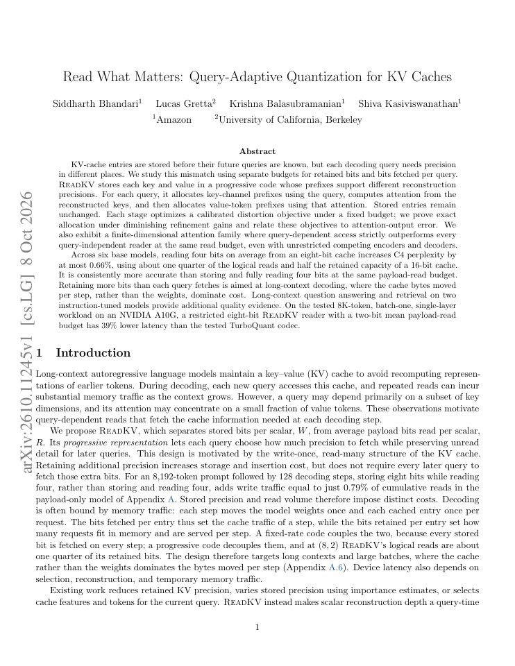 First page of Read What Matters: Query-Adaptive Quantization for KV Caches