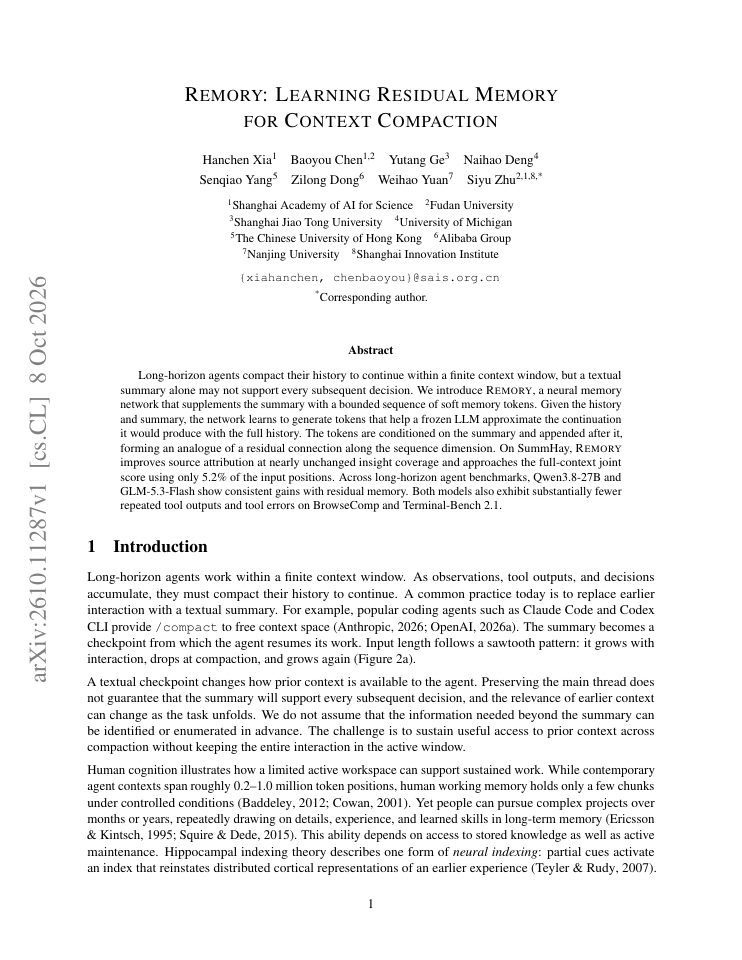 First page of REMORY: Learning Residual Memory for Context Compaction