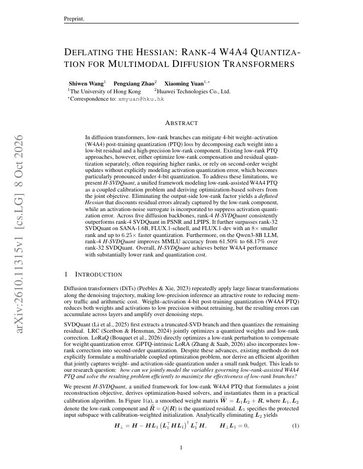 First page of Deflating the Hessian: Rank-4 W4A4 Quantization for Multimodal Diffusion Transformers