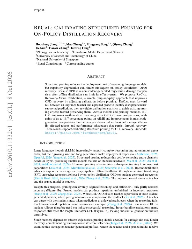 First page of ReCal: Calibrating Structured Pruning for On-Policy Distillation Recovery
