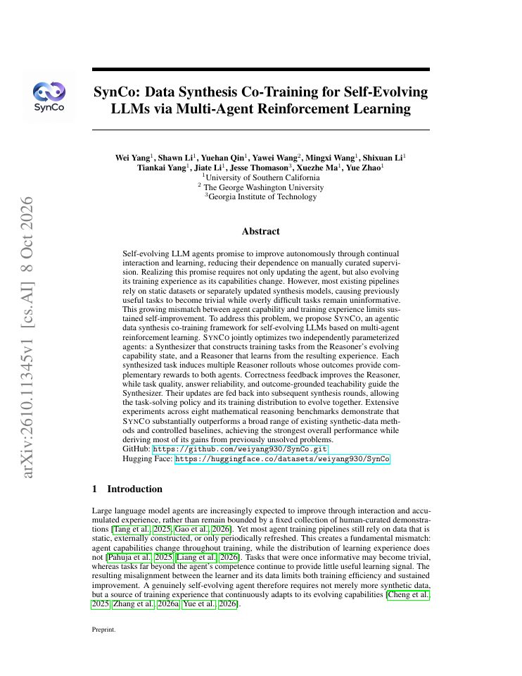 First page of SynCo: Data Synthesis Co-Training for Self-Evolving LLMs via Multi-Agent Reinforcement Learning