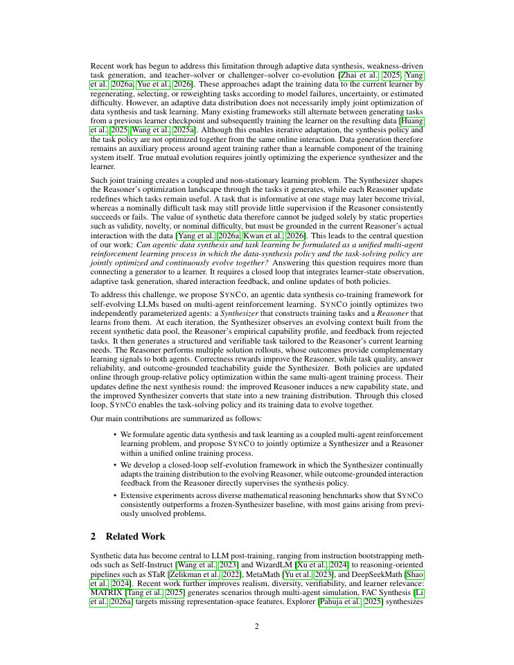 Page 2 of SynCo: Data Synthesis Co-Training for Self-Evolving LLMs via Multi-Agent Reinforcement Learning