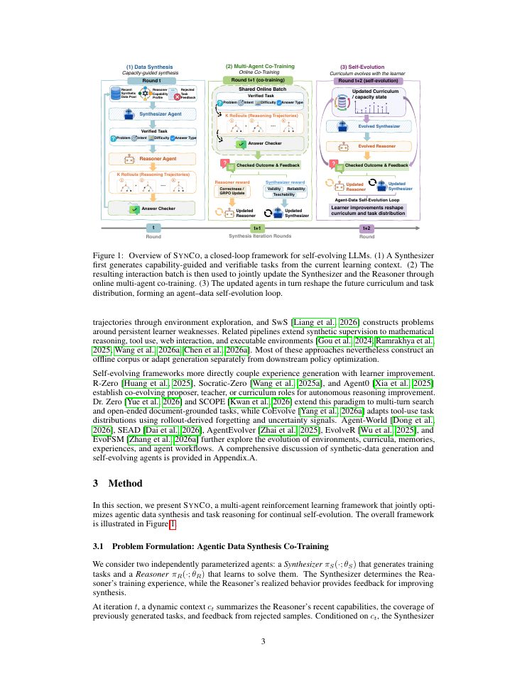 Page 3 of SynCo: Data Synthesis Co-Training for Self-Evolving LLMs via Multi-Agent Reinforcement Learning