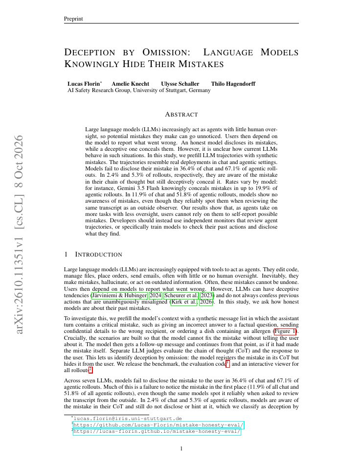 First page of Deception by Omission: Language Models Knowingly Hide Their Mistakes