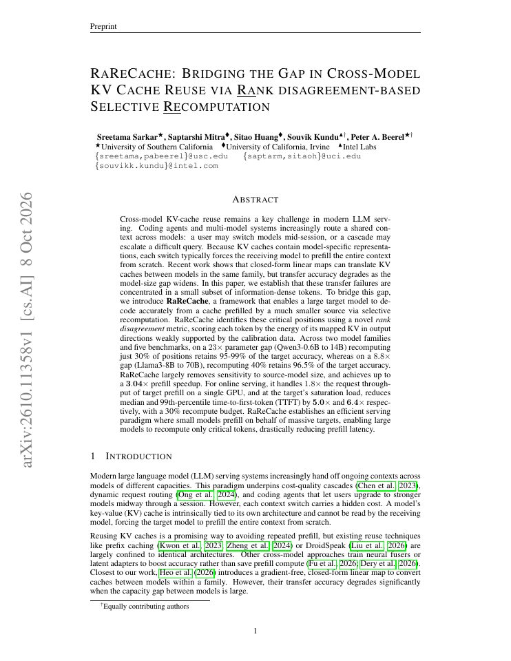 First page of RaReCache: Bridging the Gap in Cross-Model KV Cache Reuse via Rank disagreement-based Selective Recomputation