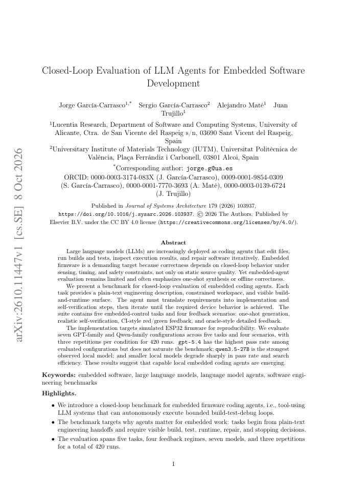 First page of Closed-loop evaluation of LLM agents for embedded software development
