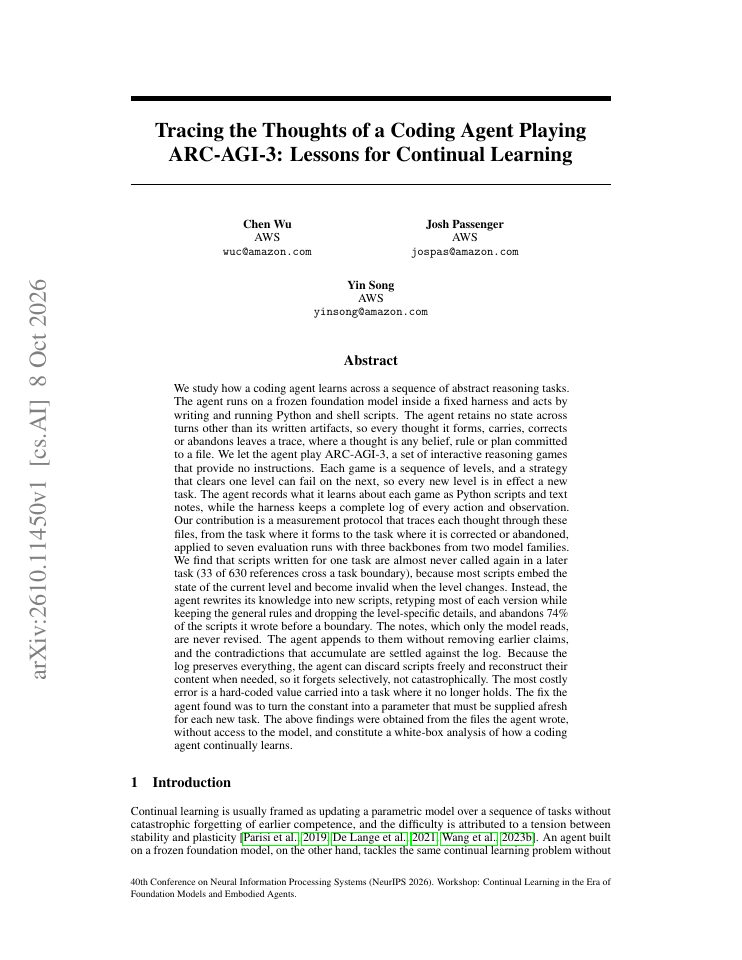 First page of Tracing the Thoughts of a Coding Agent Playing ARC-AGI-3: Lessons for Continual Learning