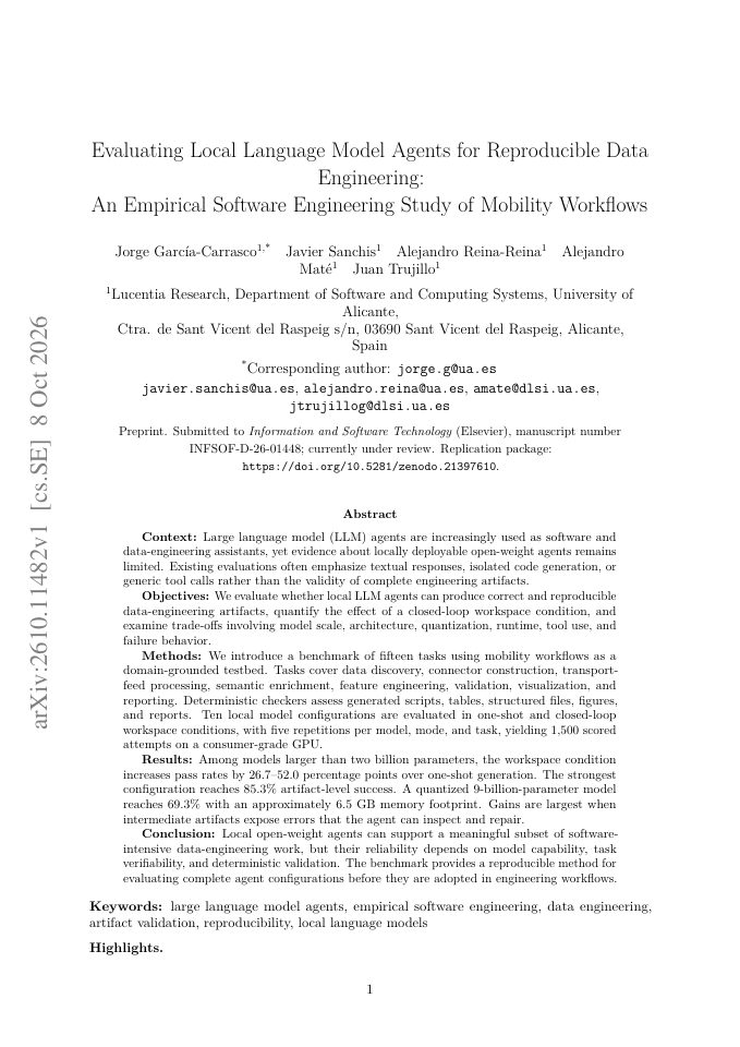 First page of Evaluating Local Language Model Agents for Reproducible Data Engineering: An Empirical Software Engineering Study of Mobility Workflows