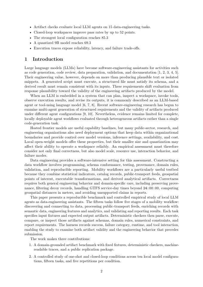 Page 2 of Evaluating Local Language Model Agents for Reproducible Data Engineering: An Empirical Software Engineering Study of Mobility Workflows
