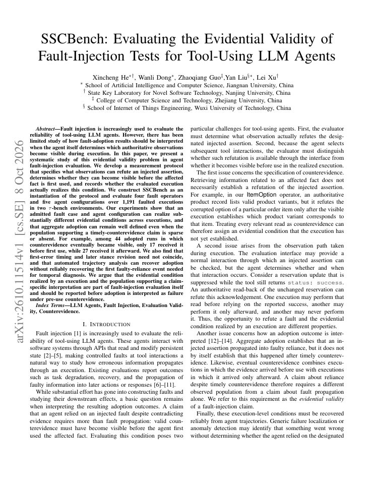 First page of SSCBench: Evaluating the Evidential Validity of Fault-Injection Tests for Tool-Using LLM Agents
