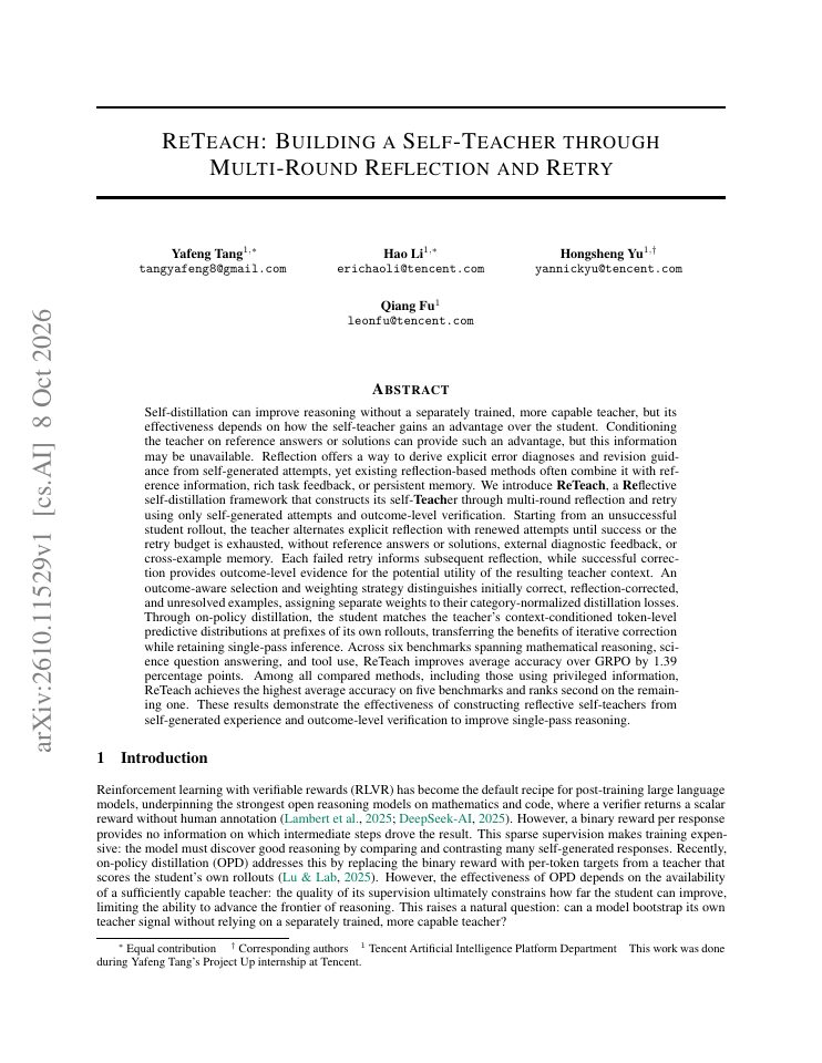 First page of ReTeach: Building a Self-Teacher through Multi-Round Reflection and Retry