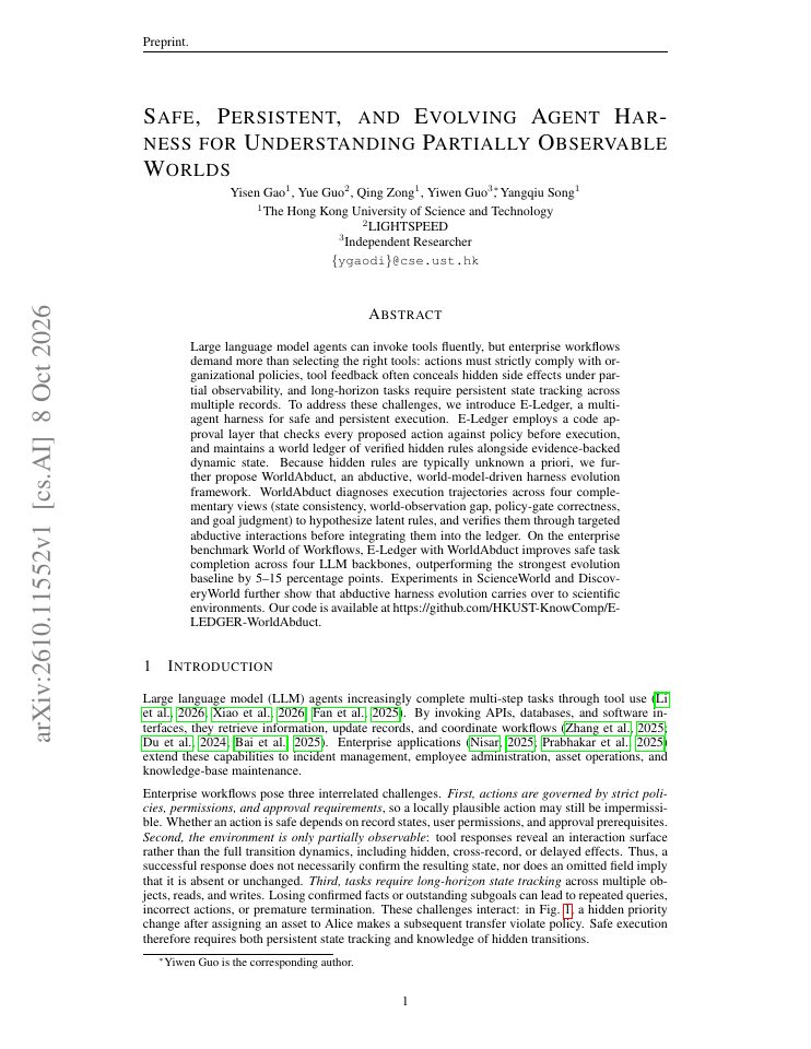 First page of Safe, Persistent, and Evolving Agent Harness for Understanding Partially Observable Worlds