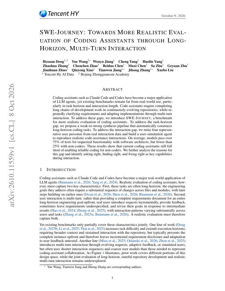 First page of SWE-Journey: Towards More Realistic Evaluation of Coding Assistants through Long-Horizon, Multi-Turn Interaction