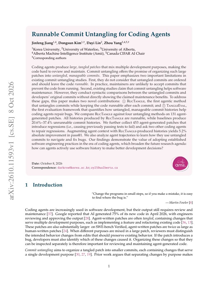 First page of Runnable Commit Untangling for Coding Agents