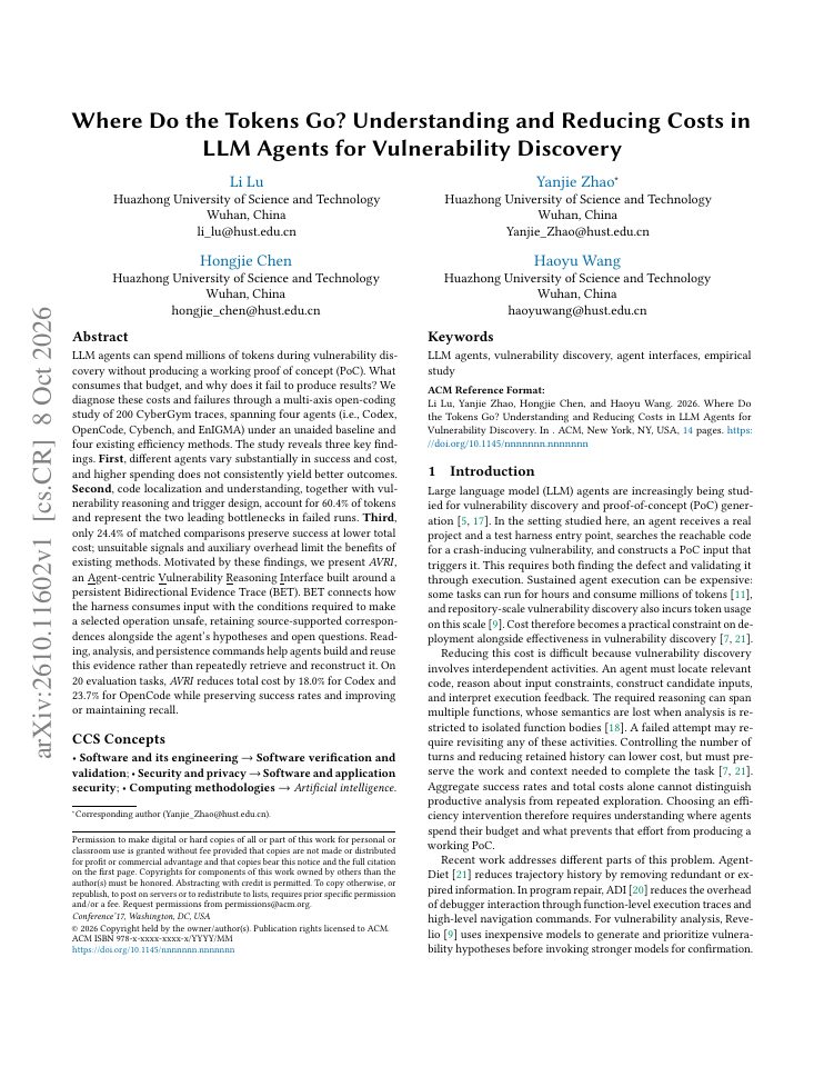 First page of Where Do the Tokens Go? Understanding and Reducing Costs in LLM Agents for Vulnerability Discovery