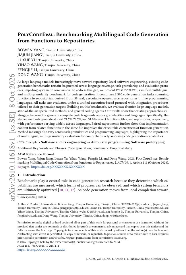 First page of PolyCodeEval: Benchmarking Multilingual Code Generation from Functions to Repositories