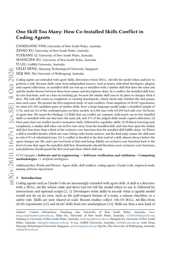 First page of One Skill Too Many: How Co-Installed Skills Conflict in Coding Agents