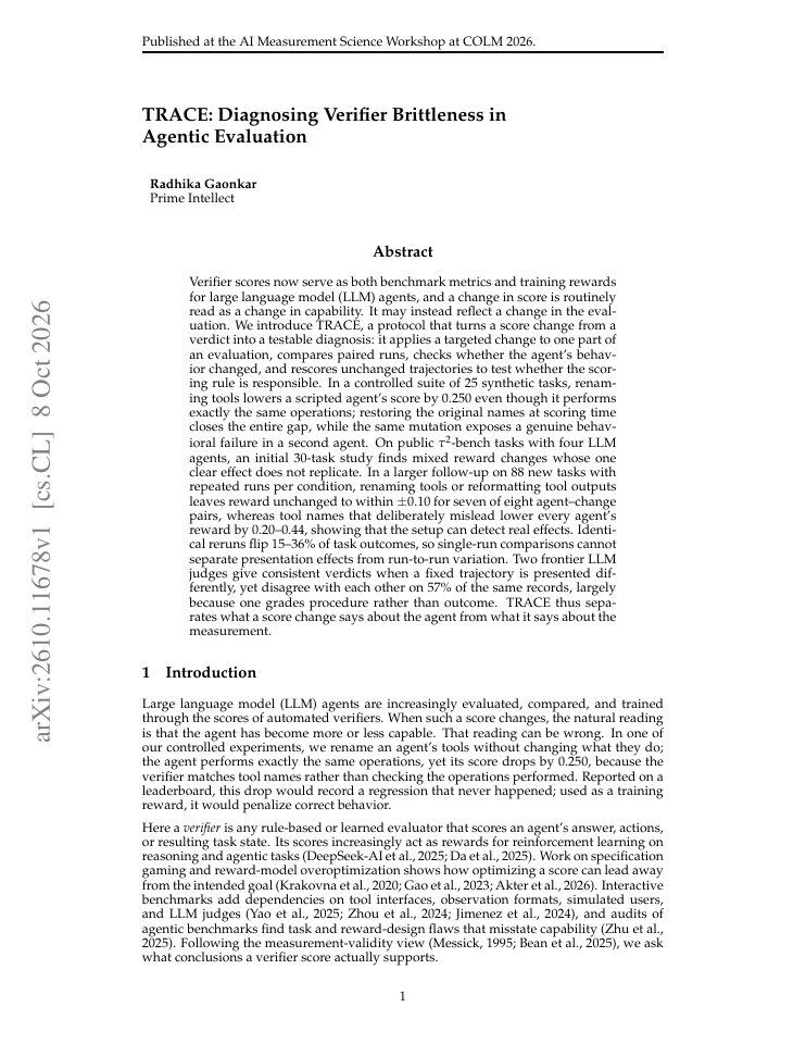First page of TRACE: Diagnosing Verifier Brittleness in Agentic Evaluation