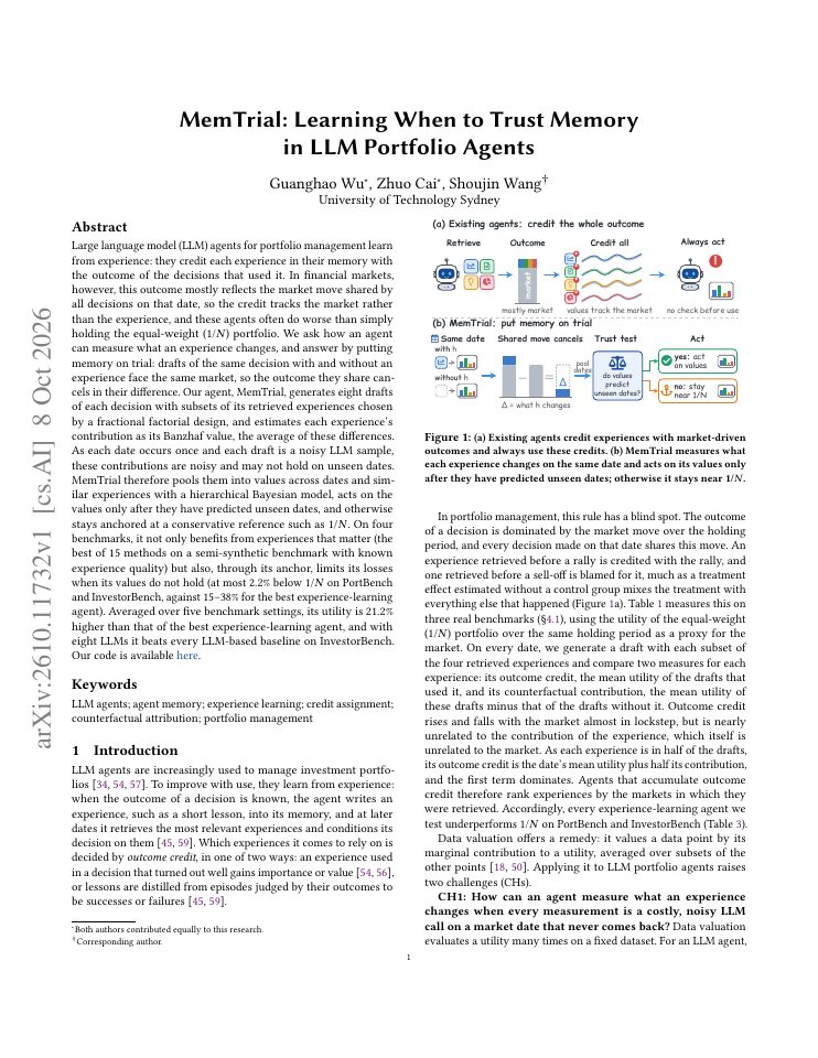 First page of MemTrial: Learning When to Trust Memory in LLM Portfolio Agents