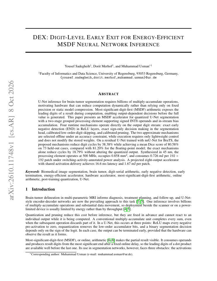 First page of DEX: Digit-Level Early Exit for Energy-Efficient MSDF Neural Network Inference