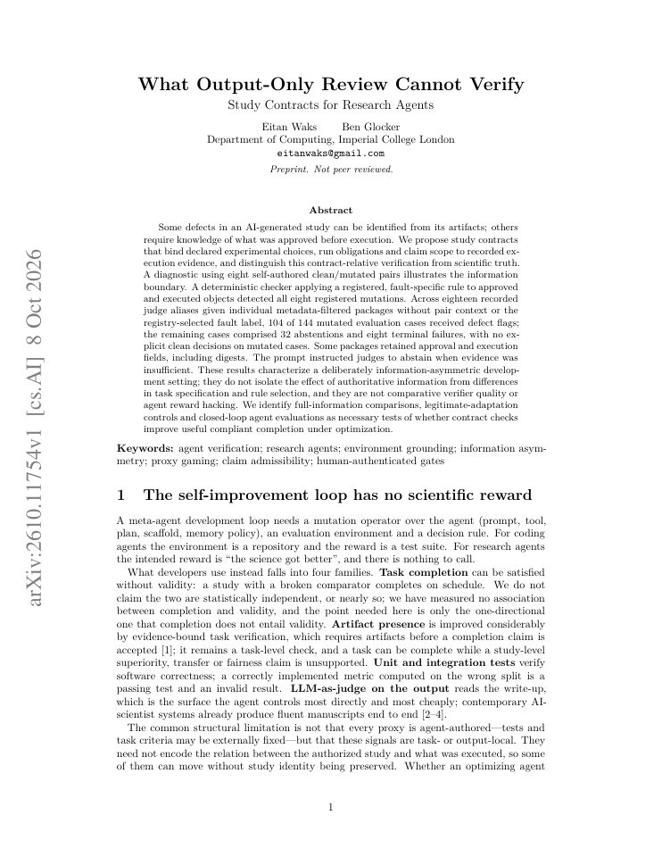 First page of What Output-Only Review Cannot Verify: Study Contracts for Research Agents