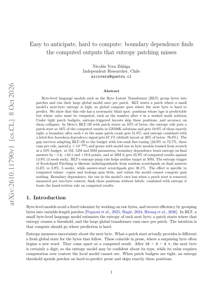 First page of Easy to anticipate, hard to compute: boundary dependence finds the computed outputs that entropy patching misses