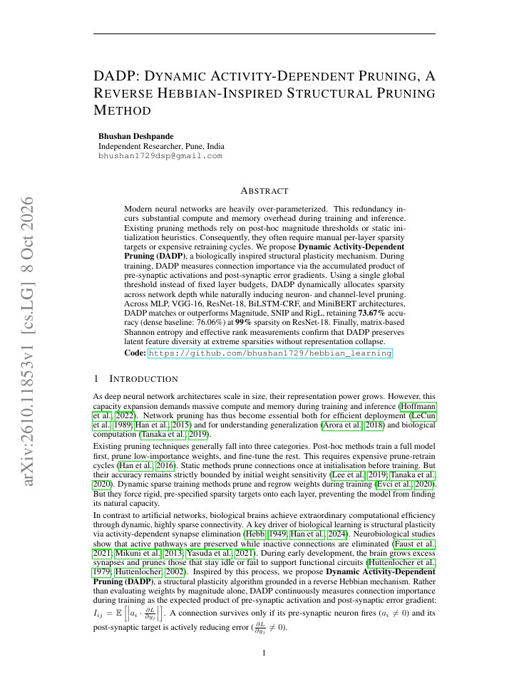 First page of DADP: Dynamic Activity-Dependent Pruning, A Reverse Hebbian-Inspired Structural Pruning Method
