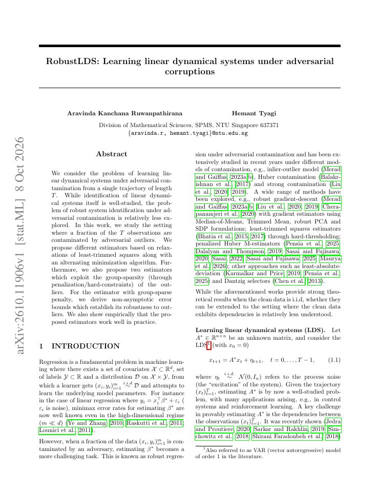 First page of RobustLDS: Learning linear dynamical systems under adversarial corruptions