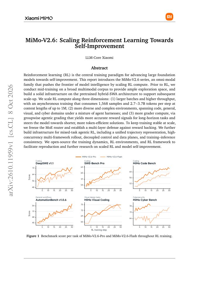 First page of MiMo-V2.6: Scaling Reinforcement Learning Towards Self-Improvement