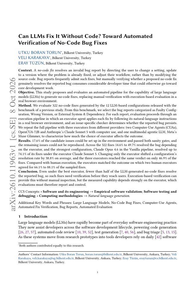 First page of Can LLMs Fix It Without Code? Toward Automated Verification of No-Code Bug Fixes